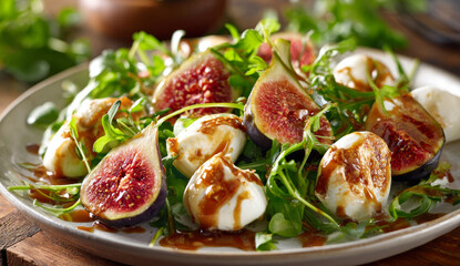 Salad featuring fresh figs, mozzarella cheese balls, and arugula dressed with balsamic glaze