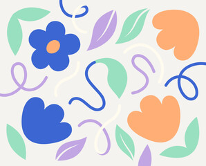 Naklejka premium Playful floral pattern with abstract digital illustration of blue, orange, and purple flowers, green leaves, and whimsical shapes suitable for design elements