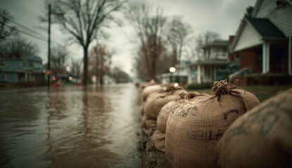 Sandbags made of rough burlap fabric with frayed edges placed in front of a flooded street during heavy rain, low-angle perspective