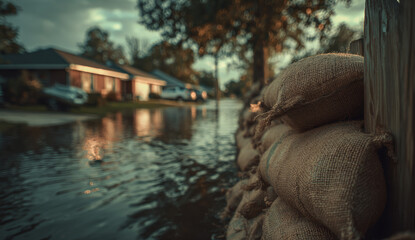 Sandbags lined along a flooded street in front of residential homes during heavy rainfall, low angle view