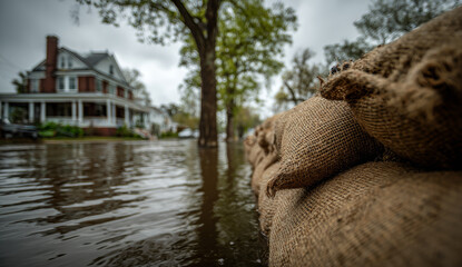 Sandbags stacked in front of a flooded street during heavy rainfall, low angle view highlighting the textured fabric material and wet environment