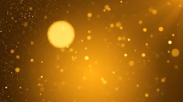 Glowing golden particles drift and sparkle against a warm, luminous background