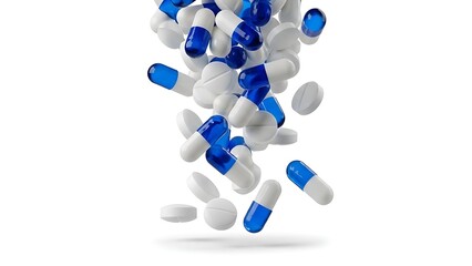 A dynamic shot of various white and blue pharmaceutical pills and capsules falling through the air against a clean white background.