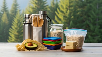 Hero zero waste lifestyle scene, balanced composition, calm and hopeful evergreen sustainability.