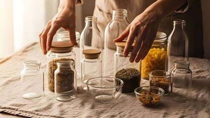 Hands gently arranging reusable glass containers on linen cloth, visible fabric texture, soft morning light, warm beige tones, calm mindful emotion, zero waste lifestyle.