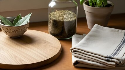 Close-up of natural kitchen materials&mdash;wood, glass, cotton&mdash;soft shadow, earthy palette, quiet emotional balance, sustainable daily routine.