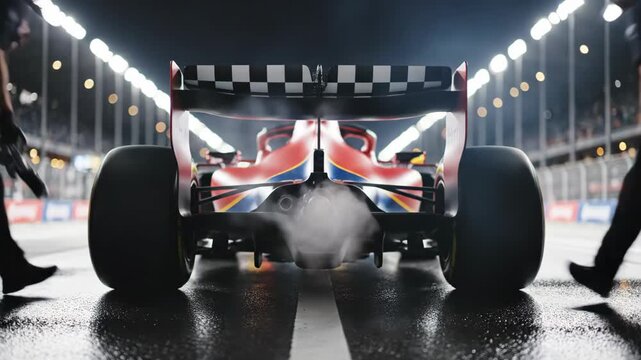 Racing car ready for action on illuminated track with team members preparing and vibrant colors highlighting the design and sponsor logos