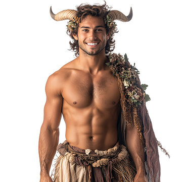 Man Wearing Greek Satyr Costume Smiling Mid Body Front View Isolated