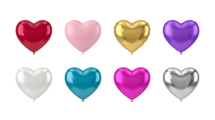 Valentine Love Heart Balloon Set Colorful Realistic Foil Metallic Red Gold Purple Teal Chrome Glossy Style