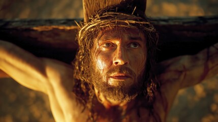 Passion of Jesus, Close up of Jesus Christ looking up crucified 