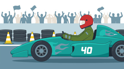 Illustration of a race car with driver and cheering spectators at a track event. © StockStudio