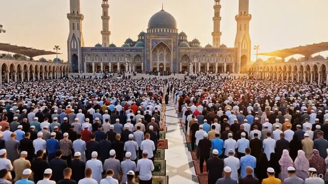 Large crowd of men praying at beautiful mosque during sunset