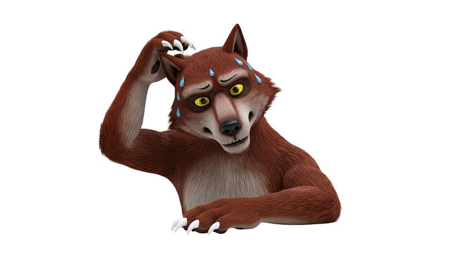 Confused cartoon wolf scratching head with sweat drops