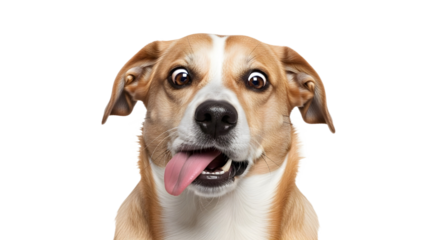 Goofy Dog with Tongue Sticking Out and Wide Eyes Looking at Camera isolated PNG with Transparent Background