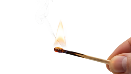 Hand holding a burning wooden matchstick with a flame and smoke isolated PNG with Transparent Background