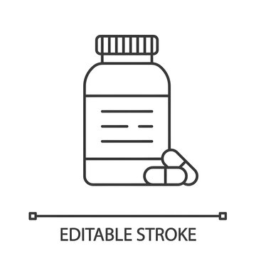 Pills bottle linear icon. Medications. Thin line illustration. Contour symbol. Vector isolated outline drawing. Editable stroke