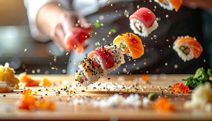 Fresh sushi rolls being prepared, Japanese cuisine close up