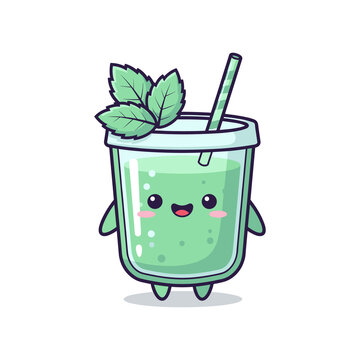 Cute Cartoon Character Drinking Green Smoothie with Mint Leaves