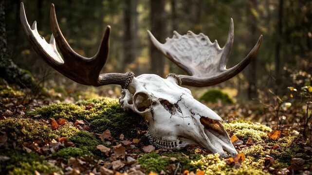 Weathered Moose Skull with Antlers on Mossy Forest Floor in Autumn Sunlight Close-Up Study Wildlife Ecosystem Natural