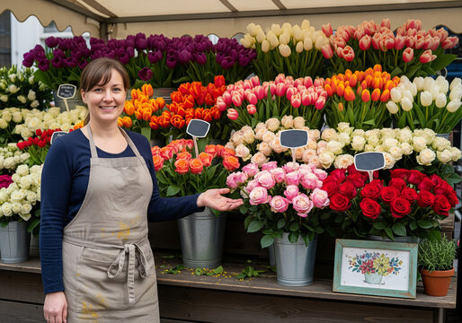 Smiling woman flower vendor standing at colorful market stall day.