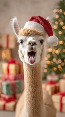 Obraz premium Alpaca wearing a Santa hat with its tongue out in front of a decorated Christmas tree and wrapped gifts during a festive holiday scene