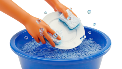 Hands washing a plate with sponges in a blue basin full of soapy water