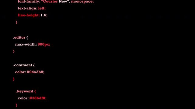 animated simple source code text with glitch distortion effect for overlay monitor