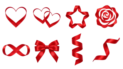 Valentine Love Satin Ribbon Element Set Featuring Heart Rose Star Bow And Infinity Symbol With Silk Texture