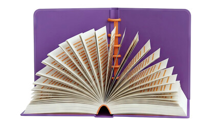 Open Purple Binder with Fan of Lined Pages and Orange Binding