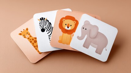 Fototapeta premium Colorful animal flashcards featuring a giraffe, zebra, lion, and elephant on a soft beige background for educational purposes