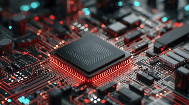 Close up of a computer chip on a circuit board with red lighting