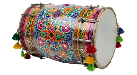 Traditional Indian Dholak Drum Product Shot with Vibrant Colorful Decoration, Mirrorwork, and Tassels isolated PNG with Transparent Background