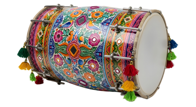 Traditional Indian Dholak Drum Product Shot with Vibrant Colorful Decoration, Mirrorwork, and Tassels isolated PNG with Transparent Background - Powered by Adobe