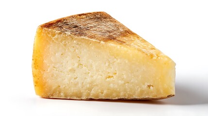 Single wedge of hard cheese with visible aging texture and natural rind