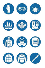 Fototapeta premium Collection of safety icons representing various protective measures and equipment in a grid layout
