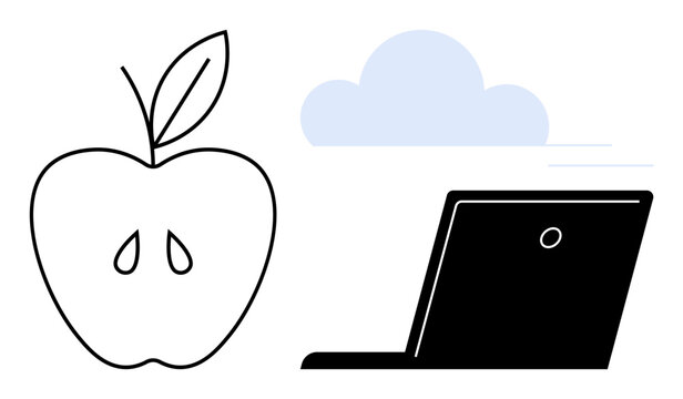Digital lifestyle, healthy habit ideas, remote work, cloud solutions, tech-savvy wellness, creative productivity. Apple outline, laptop and cloud. Healthy living and digital lifestyle concept