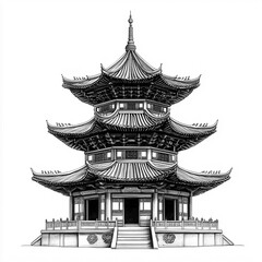 2D Black and White Lingyin Temple Pagoda Illustration Isolated on Transparent Background