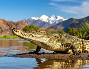 Obraz premium Crocodile basking near water, snowy mountain range in the background