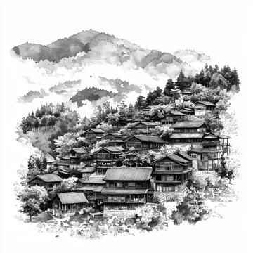 2D Black and White Miao Village of Kaili Illustration Isolated on Transparent Background