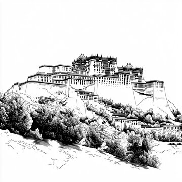 2D Black and White Putuoshan Scenic Area Illustration Isolated on Transparent Background