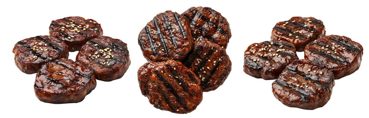 Glazed grilled pork ribs Tteokgalbi with sesame seeds, isolated on white transparent background. Concept of barbecue