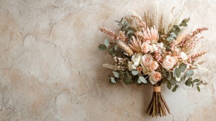 Elegant rustic bouquet with pink roses, dried flowers, and green leaves on a textured beige background, perfect for weddings and decorative arrangements