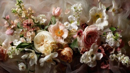 Elegant Arrangement of Delicate Flowers on Soft Fabric for Floral Decor and Artistic Inspiration, Ideal for Weddings and Home Aesthetics