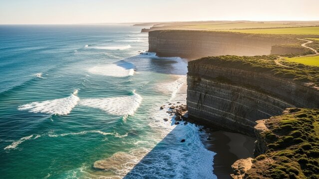 Majestic coastal cliffs meet vibrant turquoise ocean waves under a clear sky, showcasing nature's