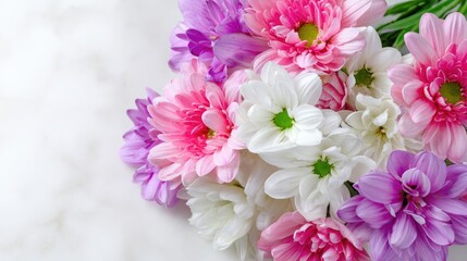 Beautiful Arrangement of Colorful Chrysanthemum Flowers on White Marble Background for Spring and Summer Celebrations
