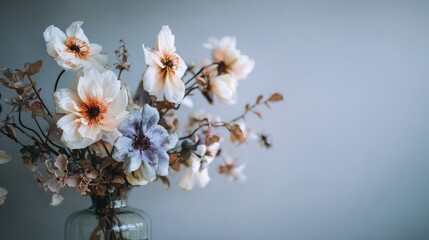 Elegant Bouquet of Soft Blooming Flowers in a Glass Vase with Subtle Hues for Home Decor and Floral Arrangements