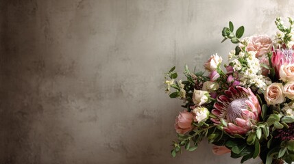 Elegant floral arrangement featuring proteas, roses, and greenery against a textured neutral background, ideal for decoration or celebration themes