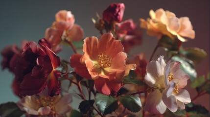 Vibrant Assortment of Beautiful Roses with Soft Petals and Lush Green Leaves in a Gentle Light Setting for Floral Design or Decoration Ideas