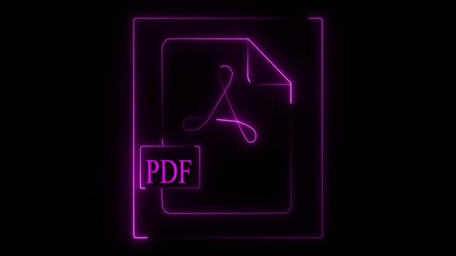 Glowing purple neon PDF document file icon animation featuring the Adobe Acrobat symbol outline on a premium black background.