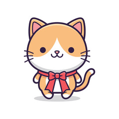 Fototapeta premium Adorable Cartoon Cat with Red Bow Illustration